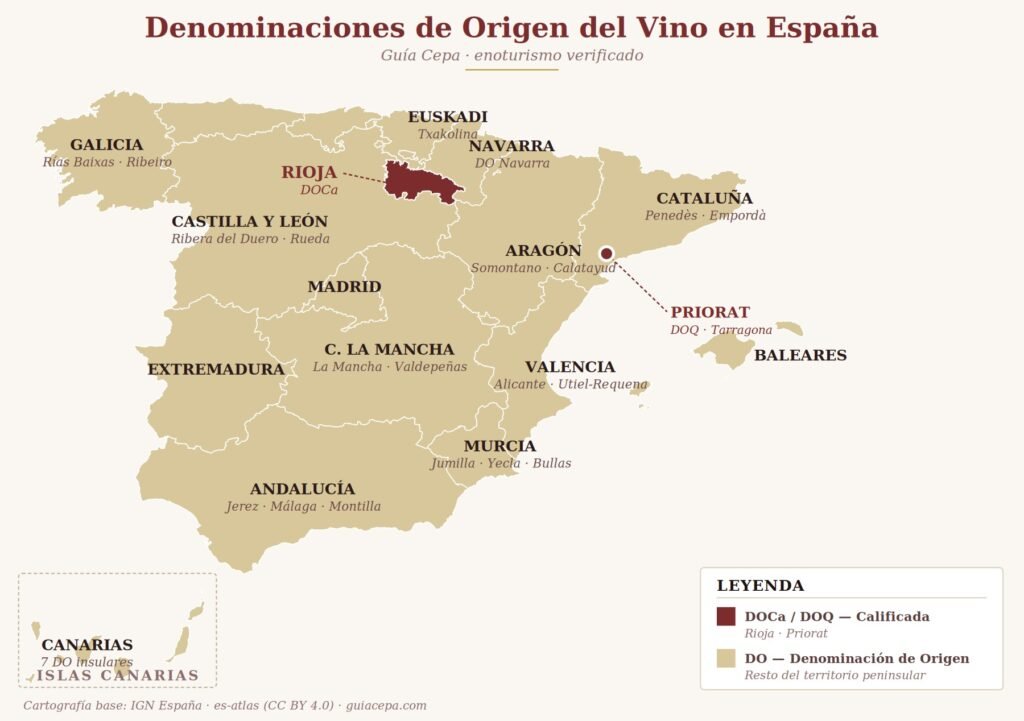 Mapa esquemático simplificado de las Denominaciones de Origen en España